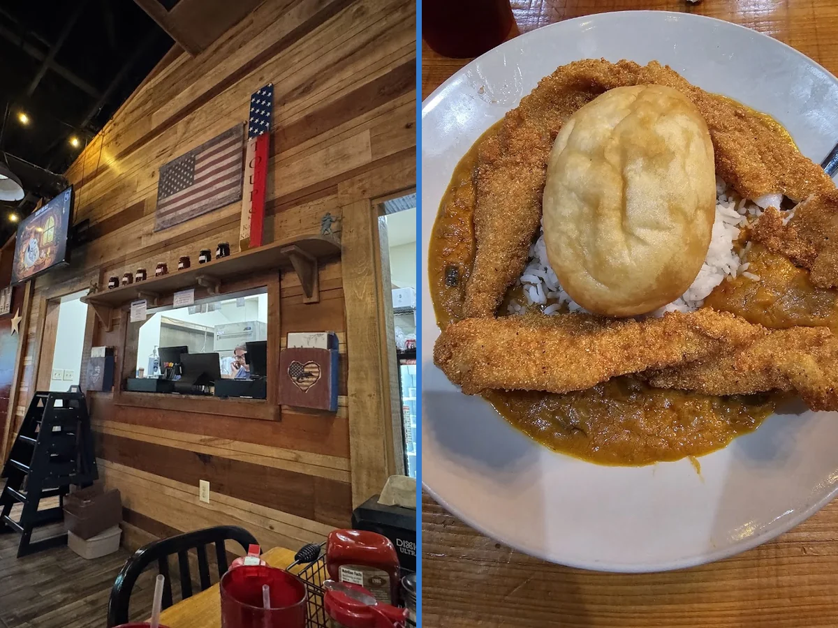 Southern food served on simple white plates.